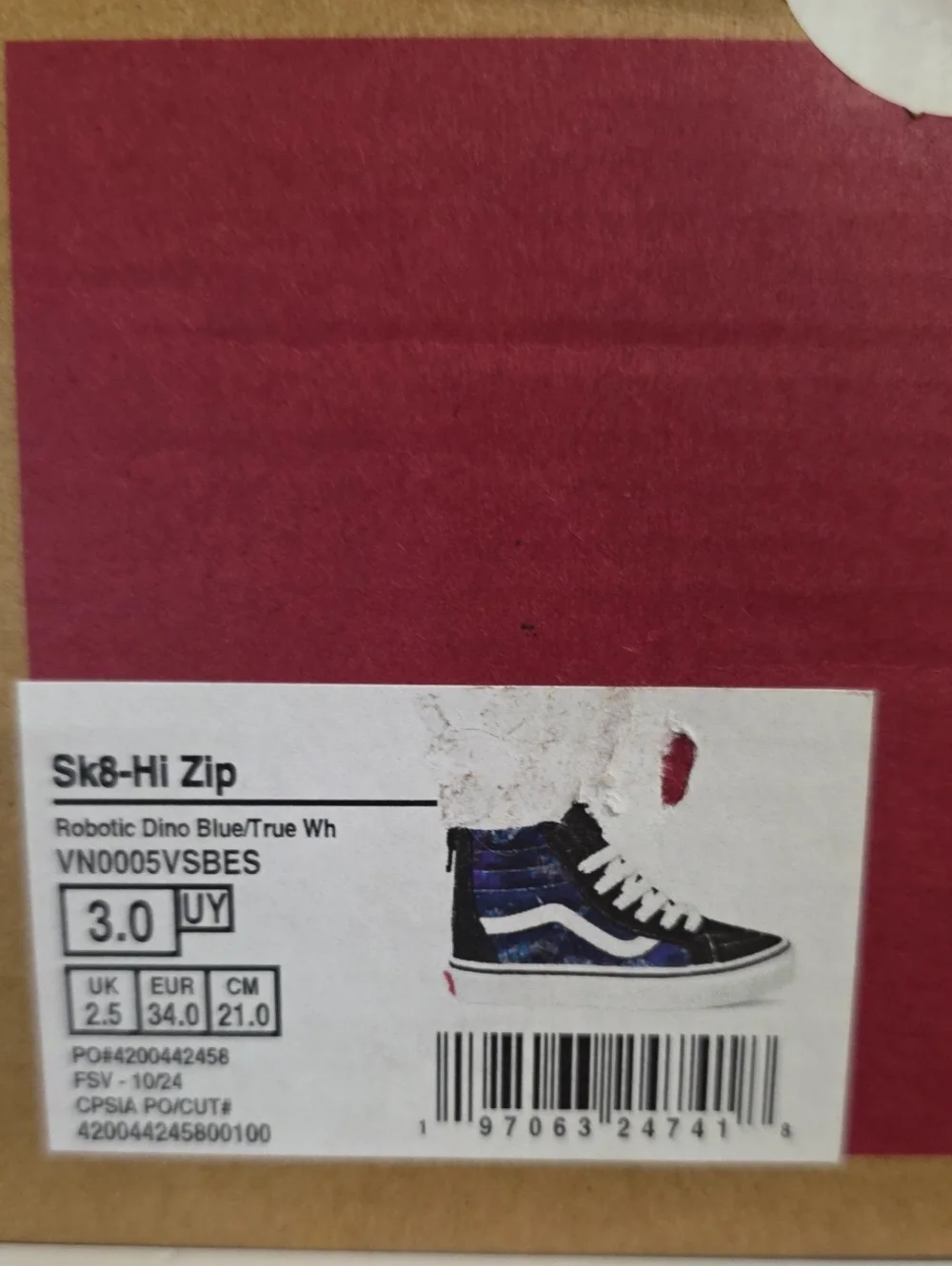 Vans Sk8 Hi Zip Robotic Dino Blue True White Mens 3 Womens 4.5 New With Box